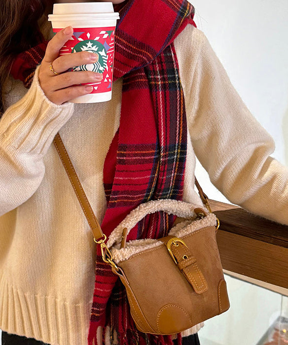 Chic Brown Faux Fur Patchwork Suede Bucket Bag