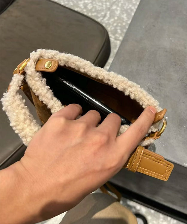 Chic Brown Faux Fur Patchwork Suede Bucket Bag