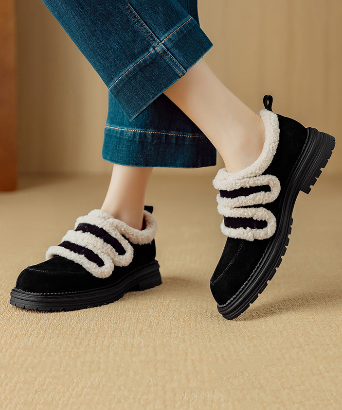 Chic Brown Fuzzy Wool Lined Splicing Suede Platform Flats