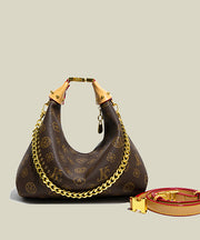 Chic Brown Jacquard Chain Linked Faux Leather Tote Handbag