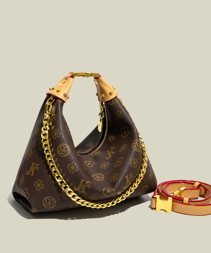 Chic Brown Jacquard Chain Linked Faux Leather Tote Handbag