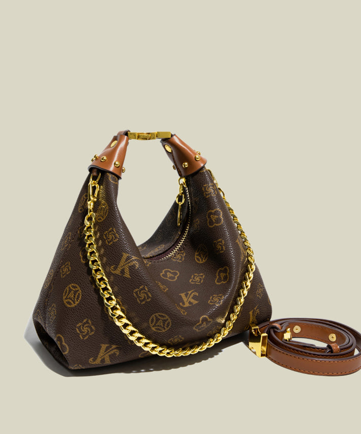 Chic Brown Jacquard Chain Linked Faux Leather Tote Handbag