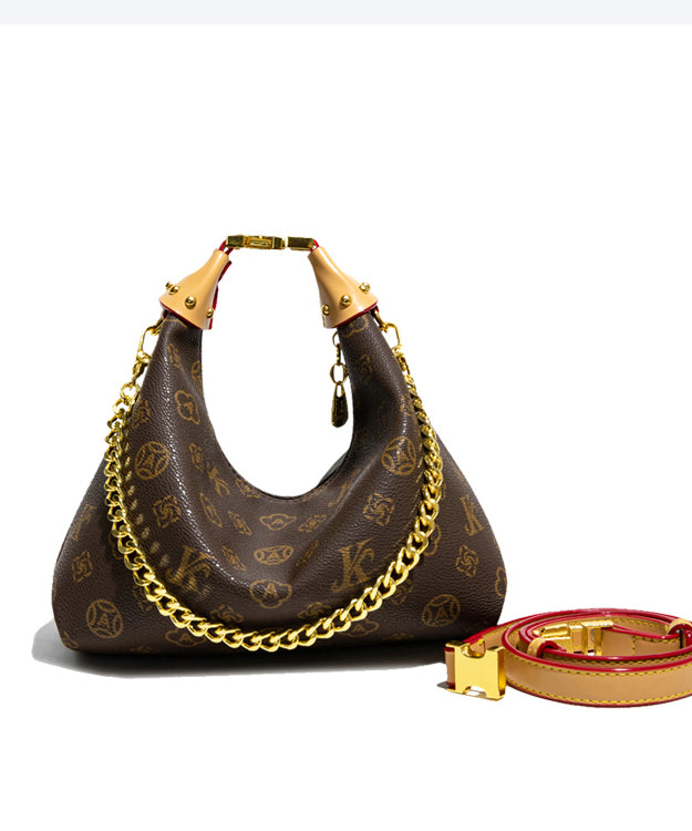 Chic Brown Jacquard Chain Linked Faux Leather Tote Handbag