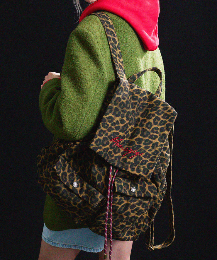 Chic Brown Leopard Embroidered Canvas Backpack Bag