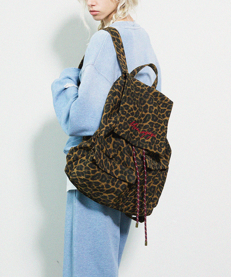 Chic Brown Leopard Embroidered Canvas Backpack Bag