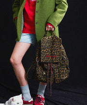 Chic Brown Leopard Embroidered Canvas Backpack Bag