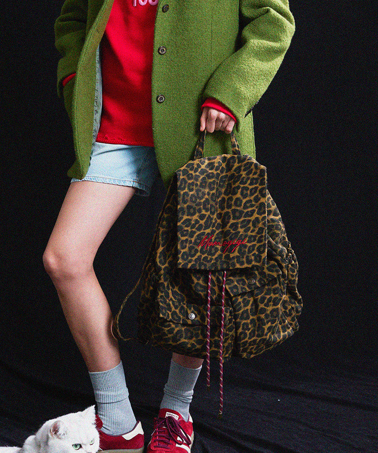 Chic Brown Leopard Embroidered Canvas Backpack Bag