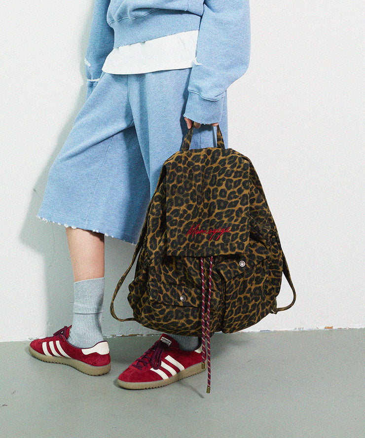 Chic Brown Leopard Embroidered Canvas Backpack Bag