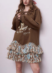 Chic Brown Oversized Patchwork Cotton Sweatshirts Dress Fall
