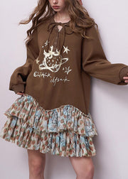 Chic Brown Oversized Patchwork Cotton Sweatshirts Dress Fall