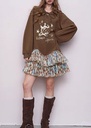 Chic Brown Oversized Patchwork Cotton Sweatshirts Dress Fall