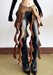 Chic Brown Patchwork Wavy Line Tassel Ribbon Sashes Skirt