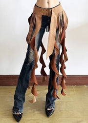 Chic Brown Patchwork Wavy Line Tassel Ribbon Sashes Skirt