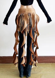 Chic Brown Patchwork Wavy Line Tassel Ribbon Sashes Skirt
