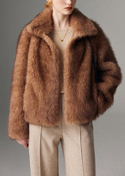 Chic Brown Peter Pan Collar Faux Fur Jacket Winter