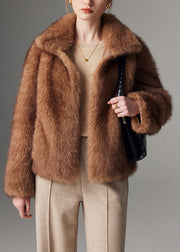 Chic Brown Peter Pan Collar Faux Fur Jacket Winter