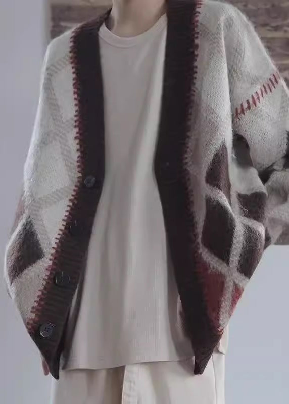 Chic Brown Plaid Button Knit Men Cardigan Spring