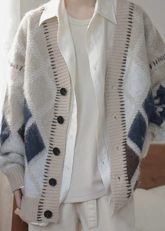 Chic Brown Plaid Button Knit Men Cardigan Spring