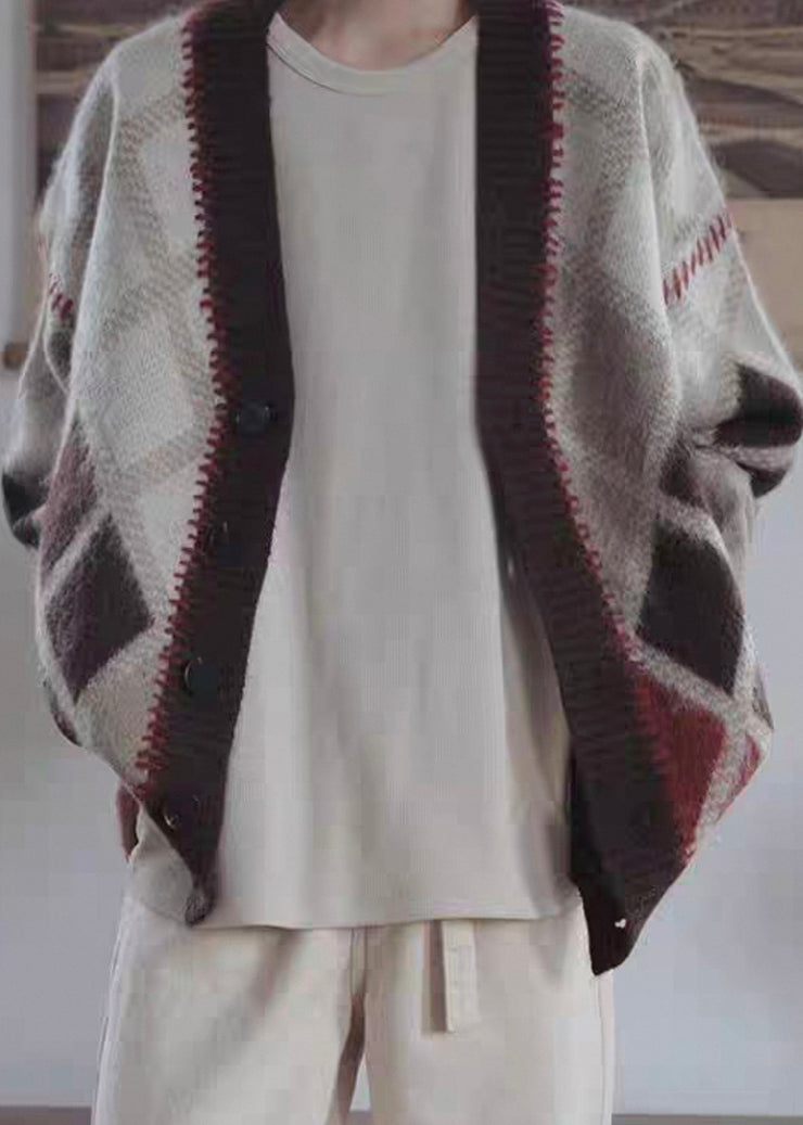 Chic Brown Plaid Button Knit Men Cardigan Spring