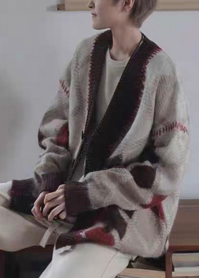 Chic Brown Plaid Button Knit Men Cardigan Spring