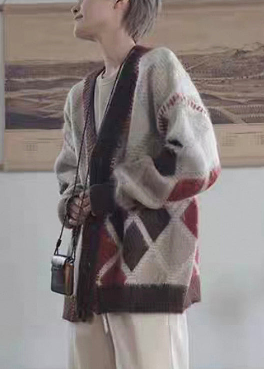 Chic Brown Plaid Button Knit Men Cardigan Spring