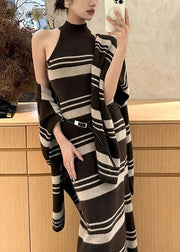 Chic Brown Striped Cardigans And Sweater Dress Knit Two Pieces Set Fall