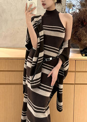 Chic Brown Striped Cardigans And Sweater Dress Knit Two Pieces Set Fall