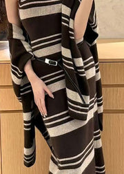 Chic Brown Striped Cardigans And Sweater Dress Knit Two Pieces Set Fall