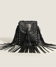 Chic Brown Tassel Rivet Faux Leather Chain Linked CrossBody Bag