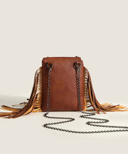 Chic Brown Tassel Rivet Faux Leather Chain Linked CrossBody Bag