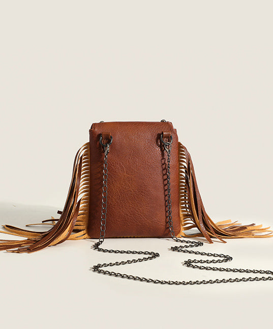 Chic Brown Tassel Rivet Faux Leather Chain Linked CrossBody Bag