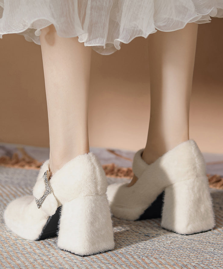 Chic Buckle Strap Splicing Chunky High Heels Apricot Rabbit Wool