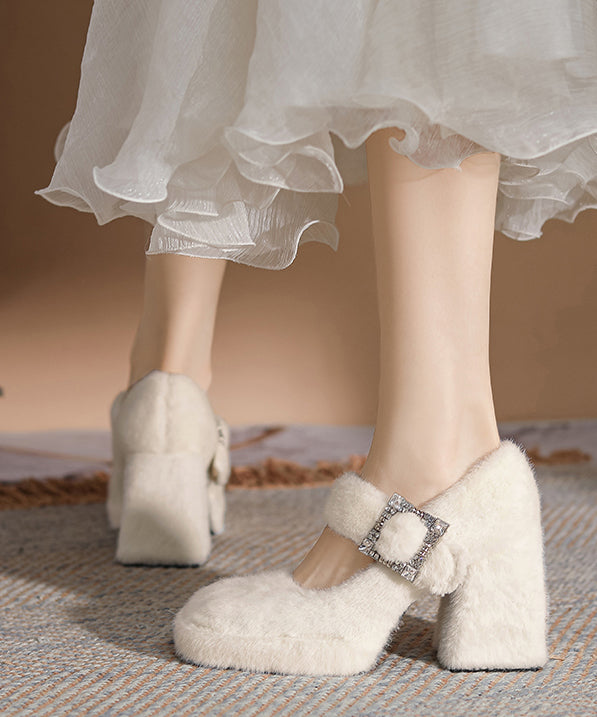 Chic Buckle Strap Splicing Chunky High Heels Apricot Rabbit Wool