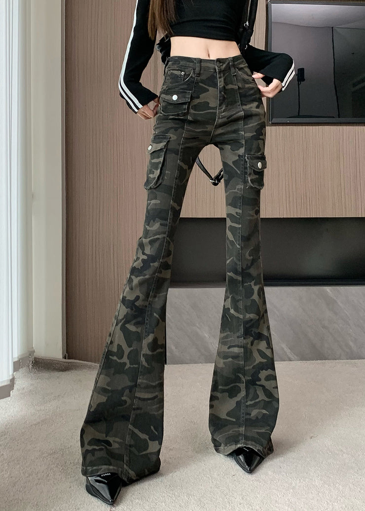 Chic Camouflage Green Silm Fit Denim Flared Trousers Fall