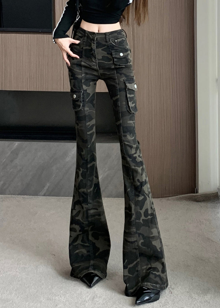 Chic Camouflage Green Silm Fit Denim Flared Trousers Fall