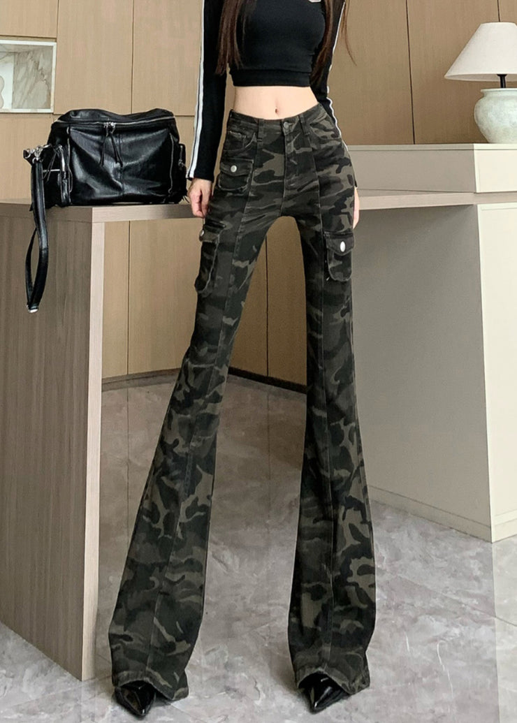 Chic Camouflage Green Silm Fit Denim Flared Trousers Fall