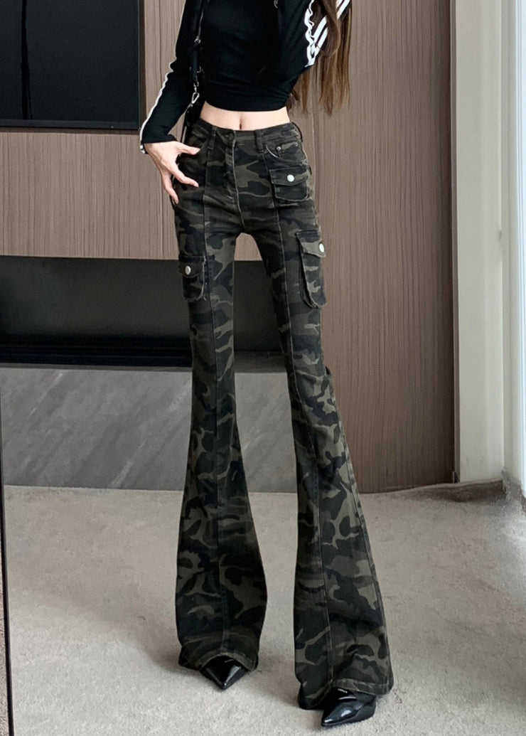Chic Camouflage Green Silm Fit Denim Flared Trousers Fall