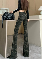 Chic Camouflage Green Silm Fit Denim Flared Trousers Fall