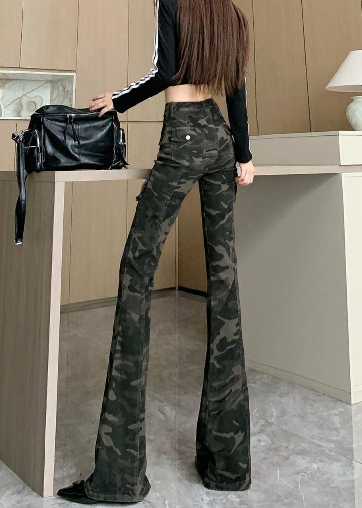 Chic Camouflage Green Silm Fit Denim Flared Trousers Fall