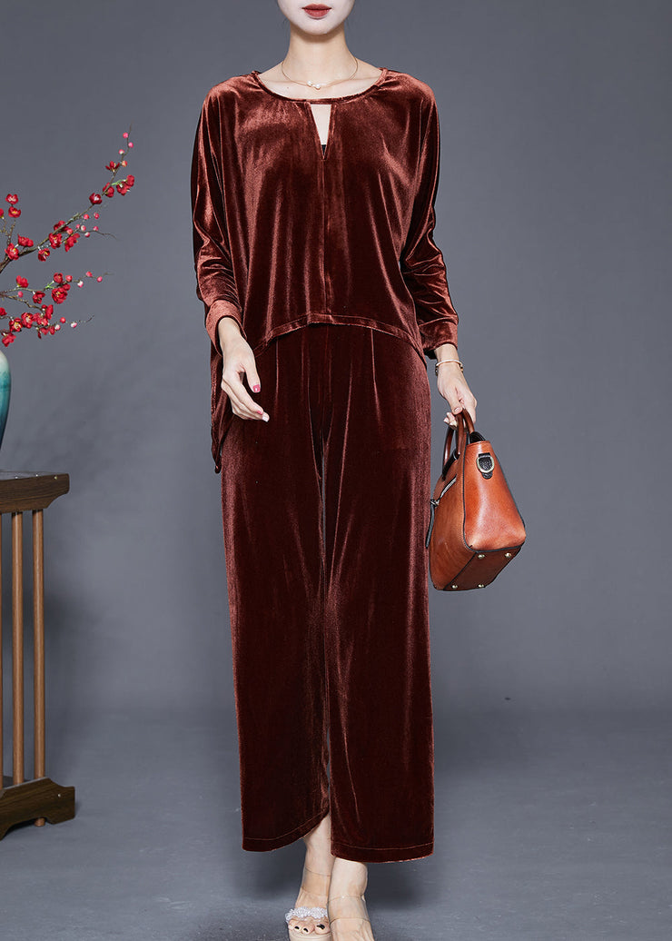 Chic Caramel O-Neck Low High Design Silk Velour Two Piece Set Women Clothing Fall