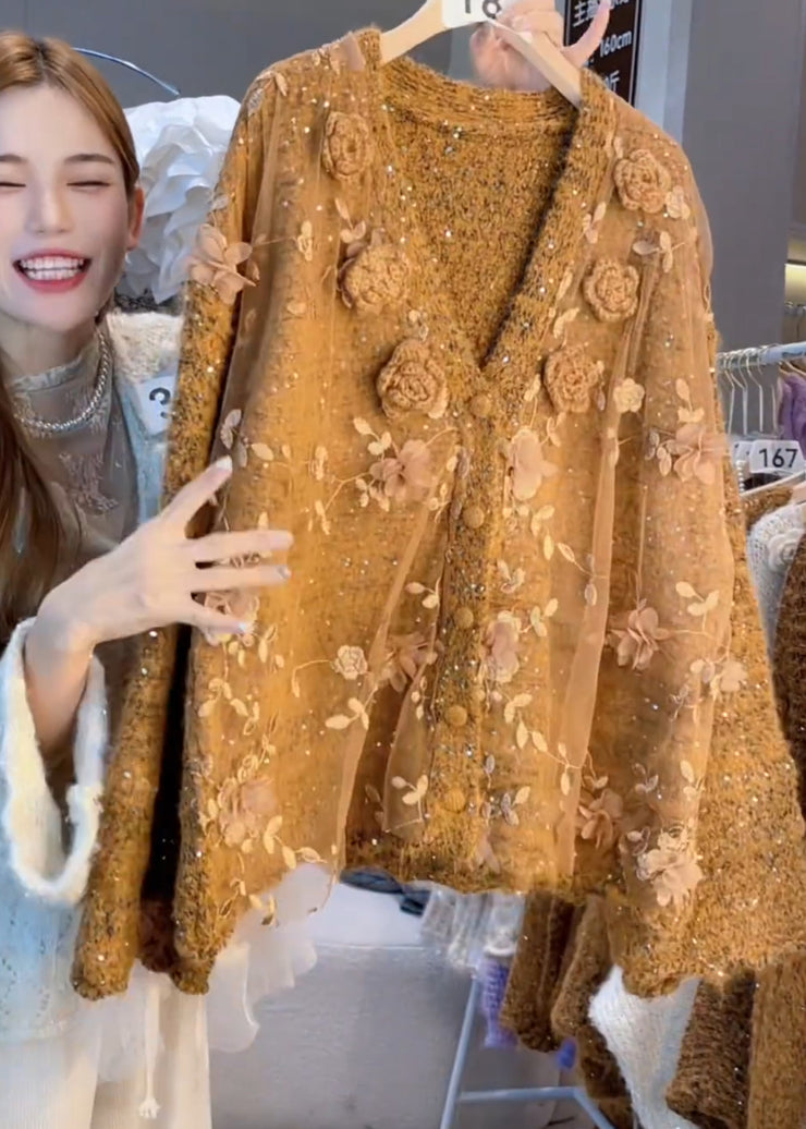 Chic Caramel Oversized Floral Decorated Knit Cardigan Winter