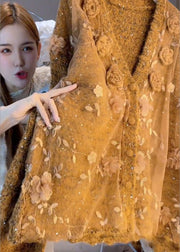 Chic Caramel Oversized Floral Decorated Knit Cardigan Winter