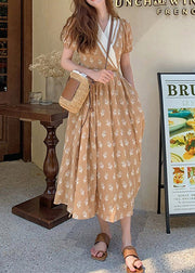 Chic Champagne V Neck Print Wrinkled Cotton Long Dress Summer