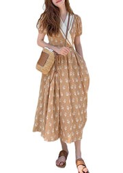 Chic Champagne V Neck Print Wrinkled Cotton Long Dress Summer