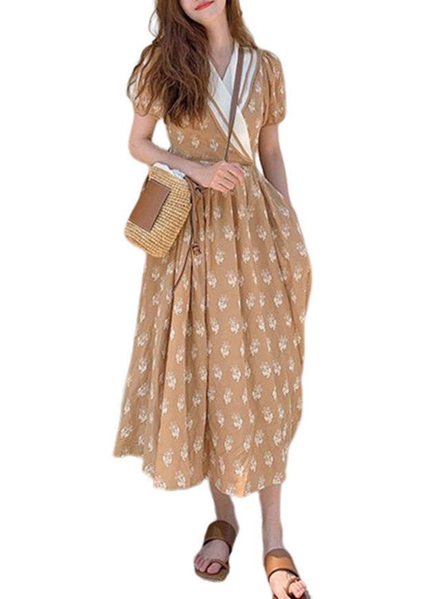 Chic Champagne V Neck Print Wrinkled Cotton Long Dress Summer