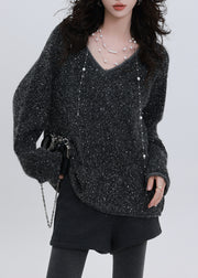 Chic Charcoal Grey Sequins Oversized Knit Sweater Tops Winter