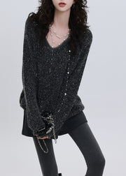 Chic Charcoal Grey Sequins Oversized Knit Sweater Tops Winter