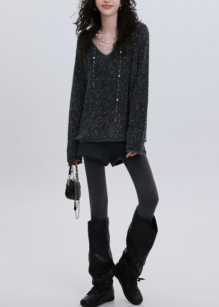 Chic Charcoal Grey Sequins Oversized Knit Sweater Tops Winter