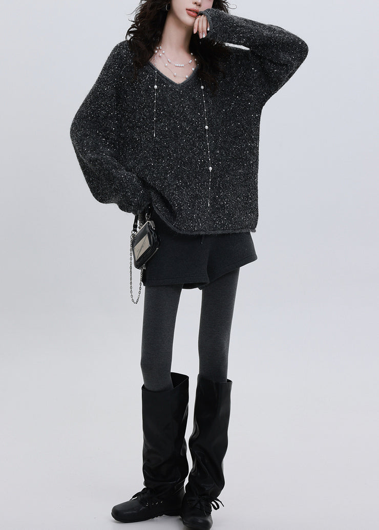 Chic Charcoal Grey Sequins Oversized Knit Sweater Tops Winter