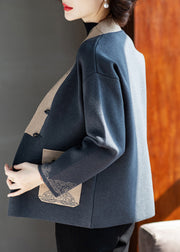 Chic Charcoal Grey V Neck Print Pockets Woolen Coat Fall